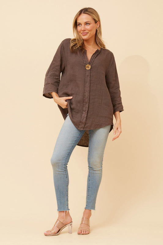 Image of a model wearing Tops. Product name - PALERMO LINEN TOP in Chocolate colour by brand - BOTTEGA MODA