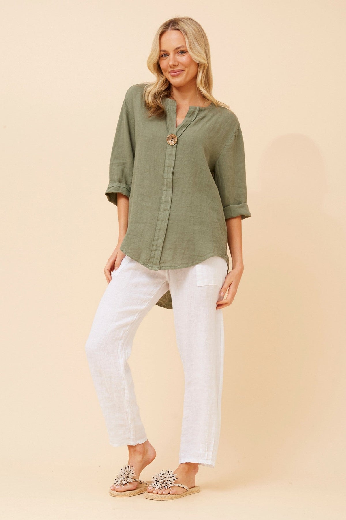BOTTEGA MODA PALERMO LINEN TOP (Khaki)