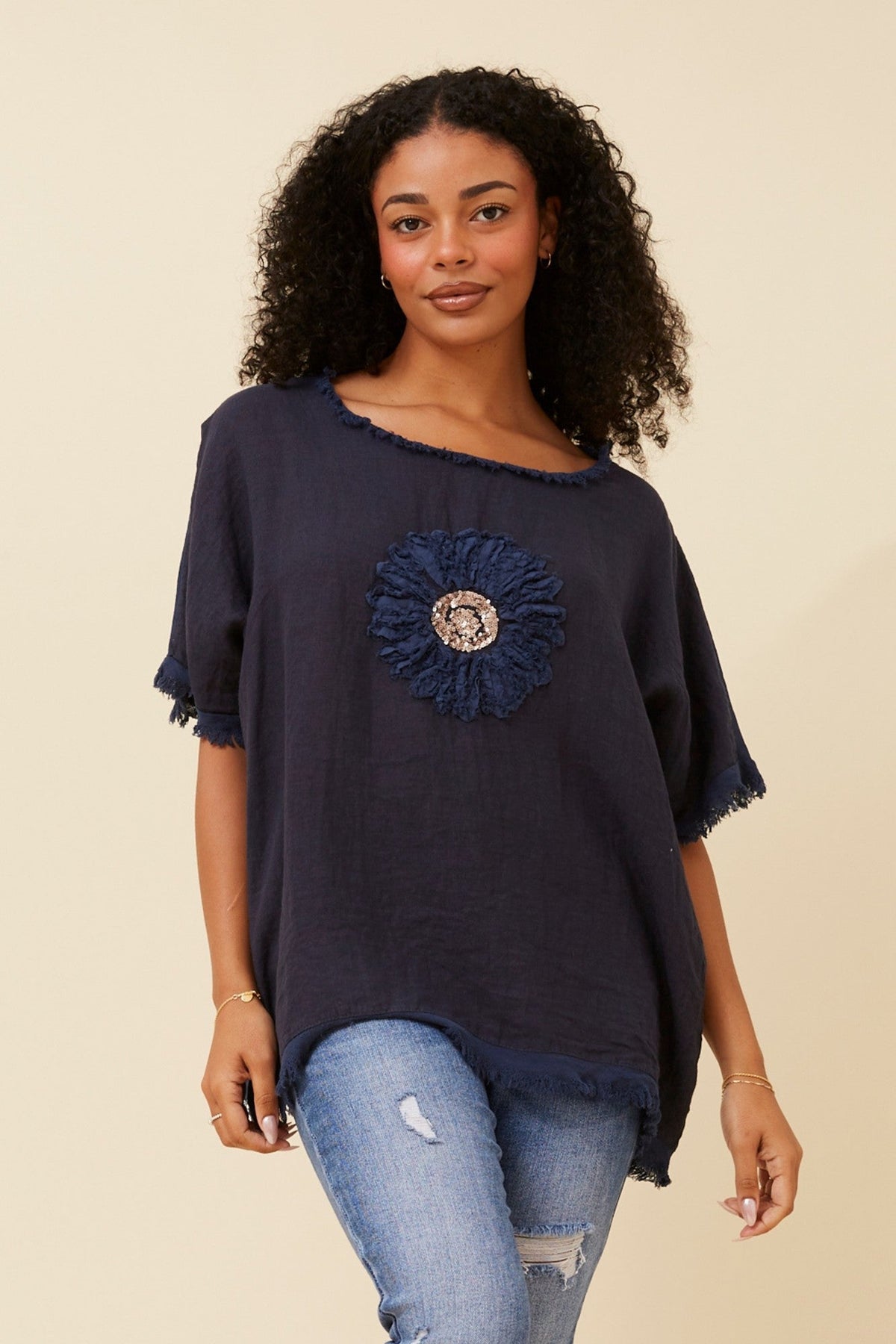 SUNFLOWER PATCHWORK LINEN TOP (Navy)