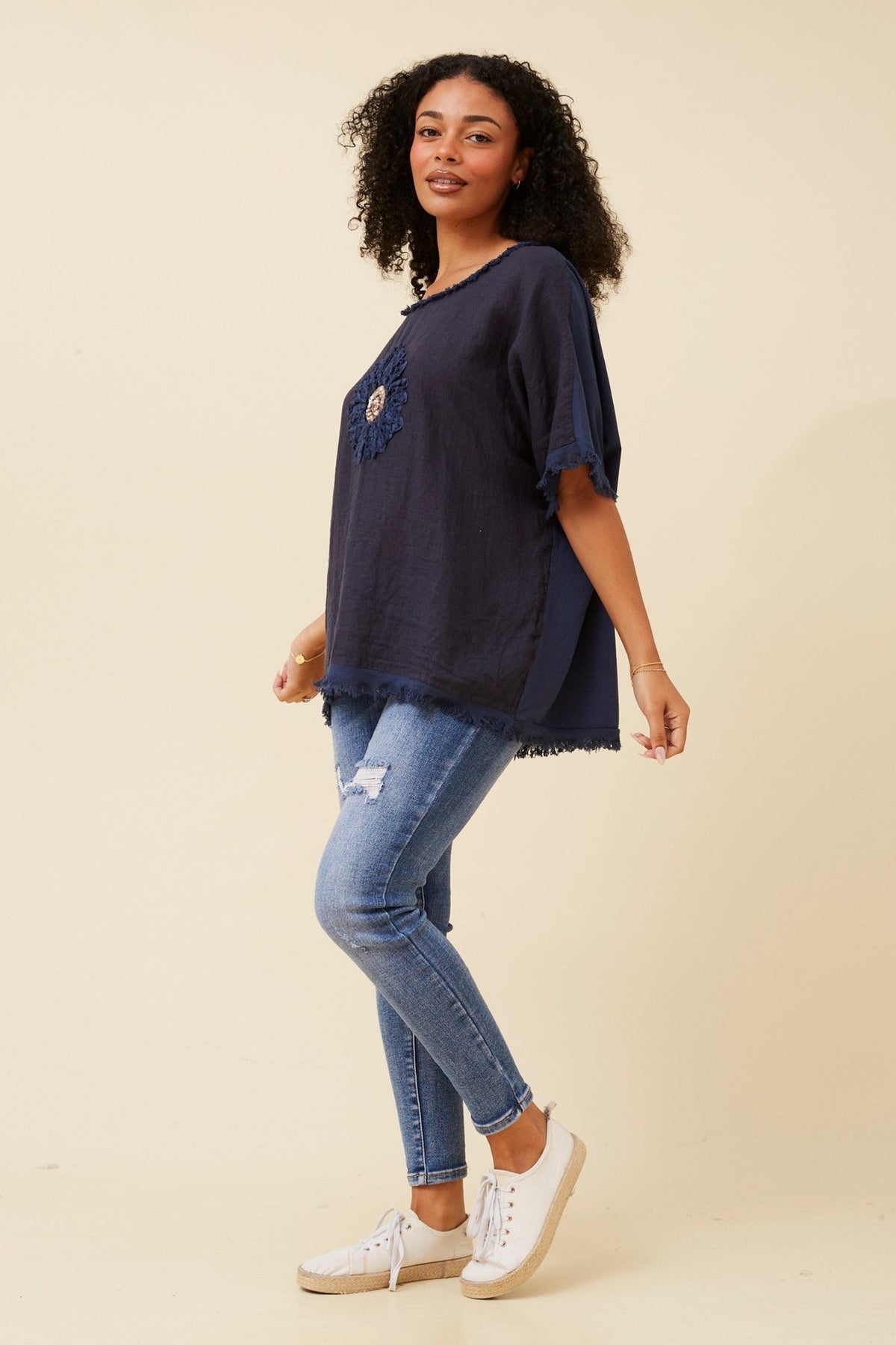 SUNFLOWER PATCHWORK LINEN TOP (Navy)