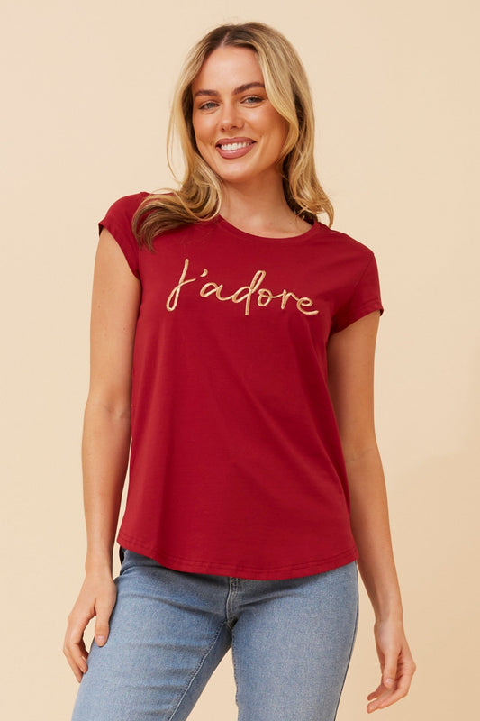 Image of T-Shirts. Product name - COCO JADORE EMBROIDERED TEE in Black colour by brand - Caroline Morgan Australia