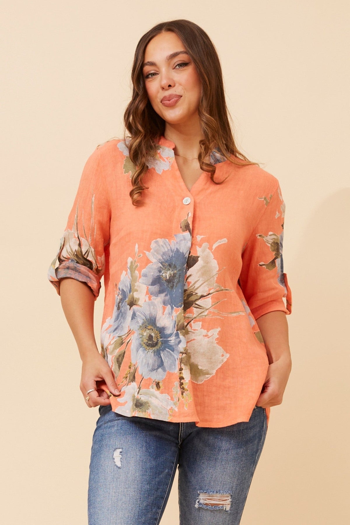 BOTTEGA MODA PATRICIA FLORAL LINEN TOP (Orange)