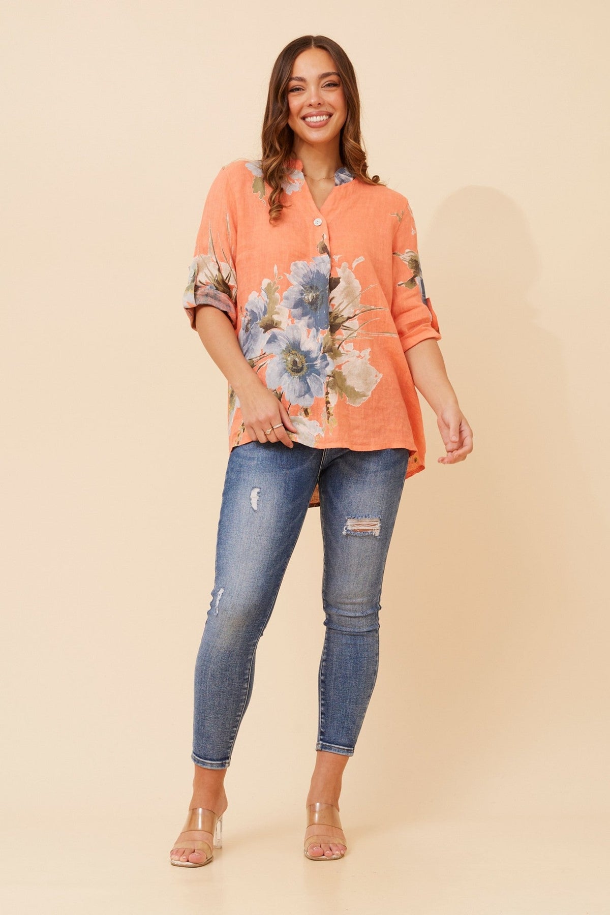 BOTTEGA MODA PATRICIA FLORAL LINEN TOP (Orange)
