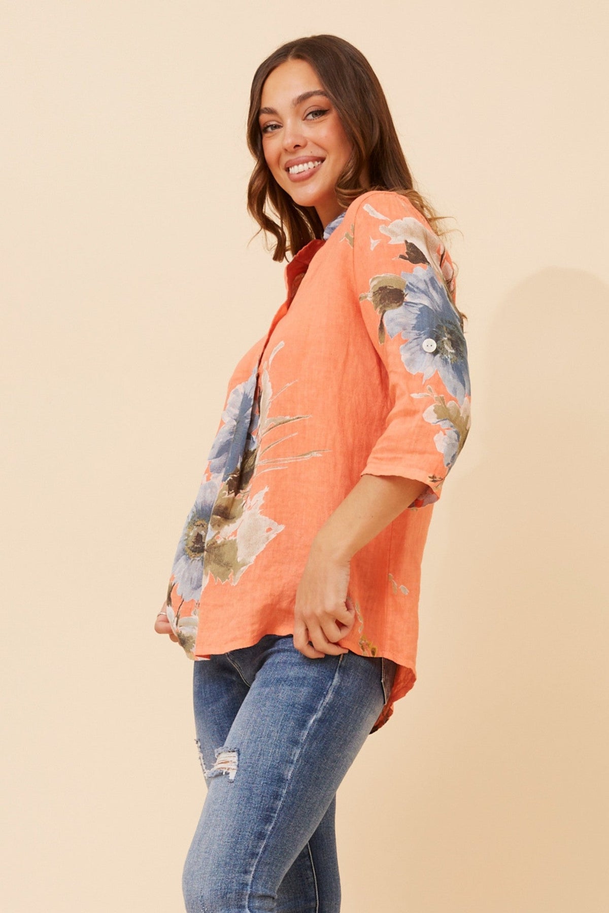 BOTTEGA MODA PATRICIA FLORAL LINEN TOP (Orange)