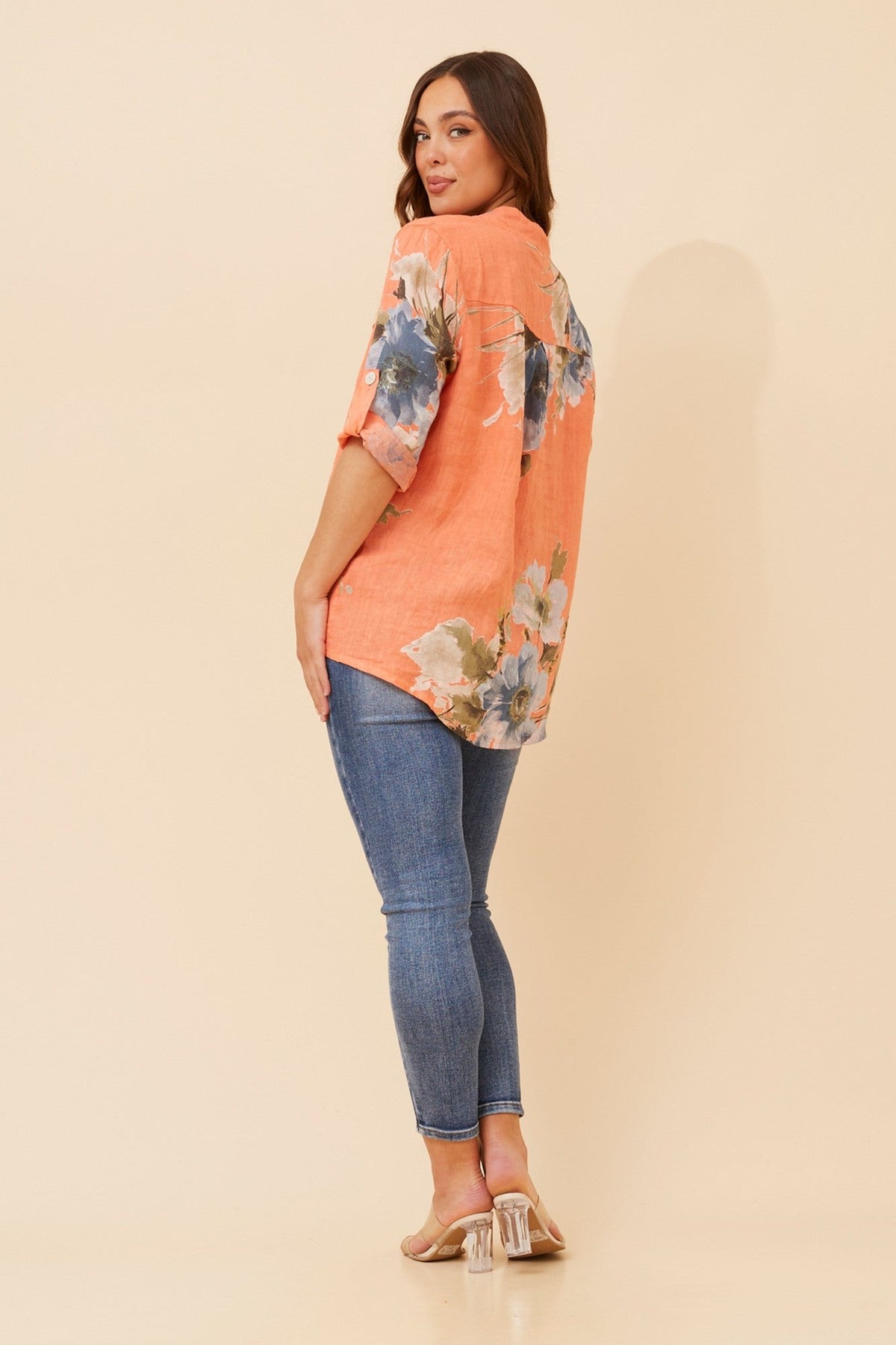 BOTTEGA MODA PATRICIA FLORAL LINEN TOP (Orange)