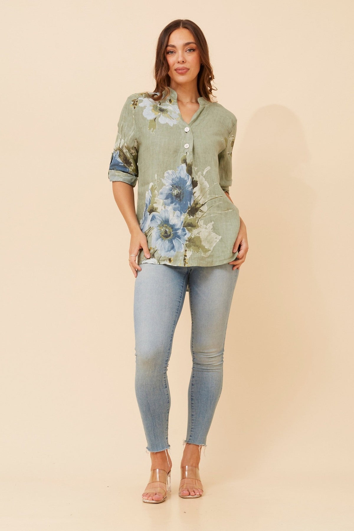 BOTTEGA MODA PATRICIA FLORAL LINEN TOP (Sage)