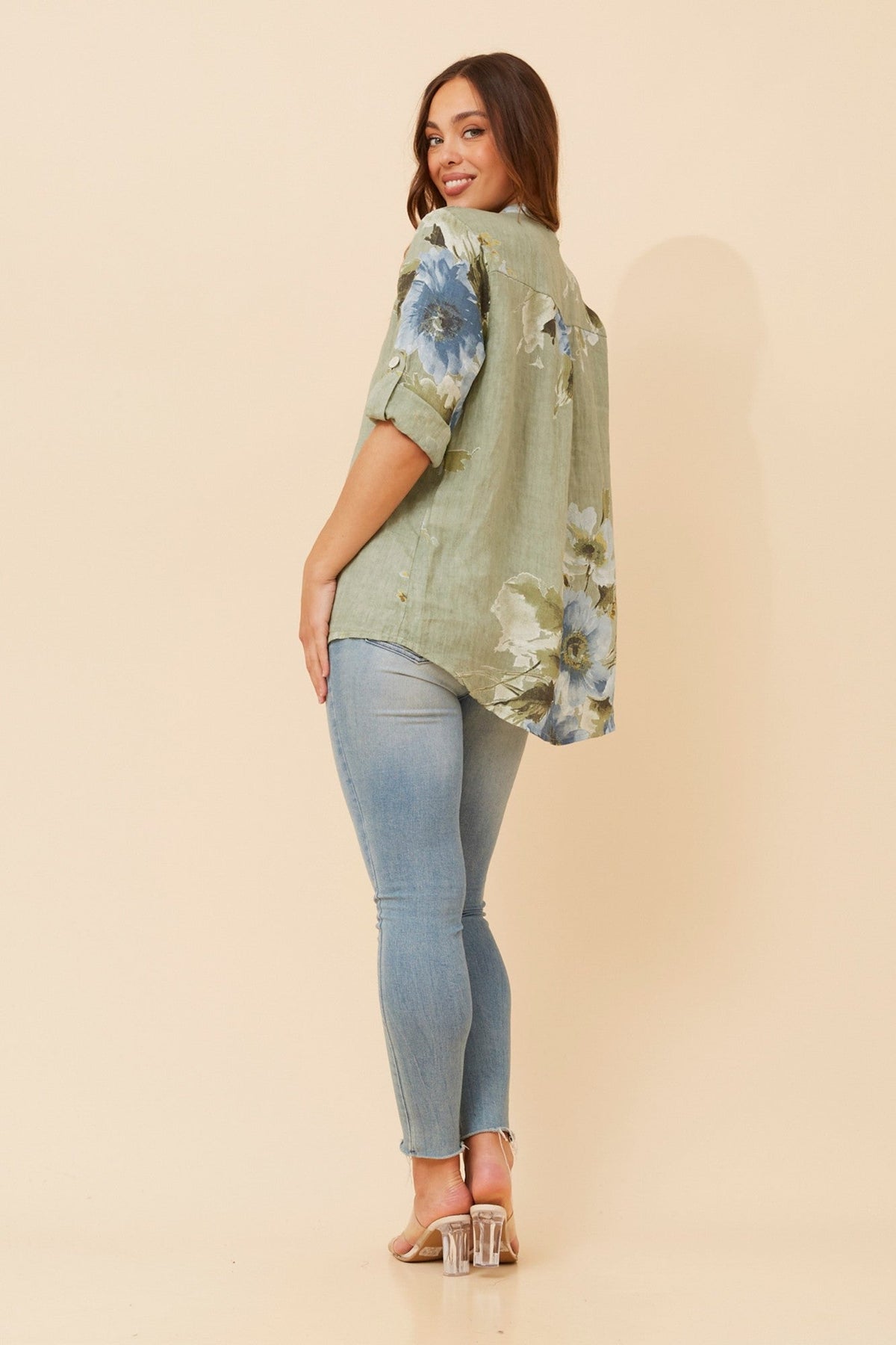 BOTTEGA MODA PATRICIA FLORAL LINEN TOP (Sage)