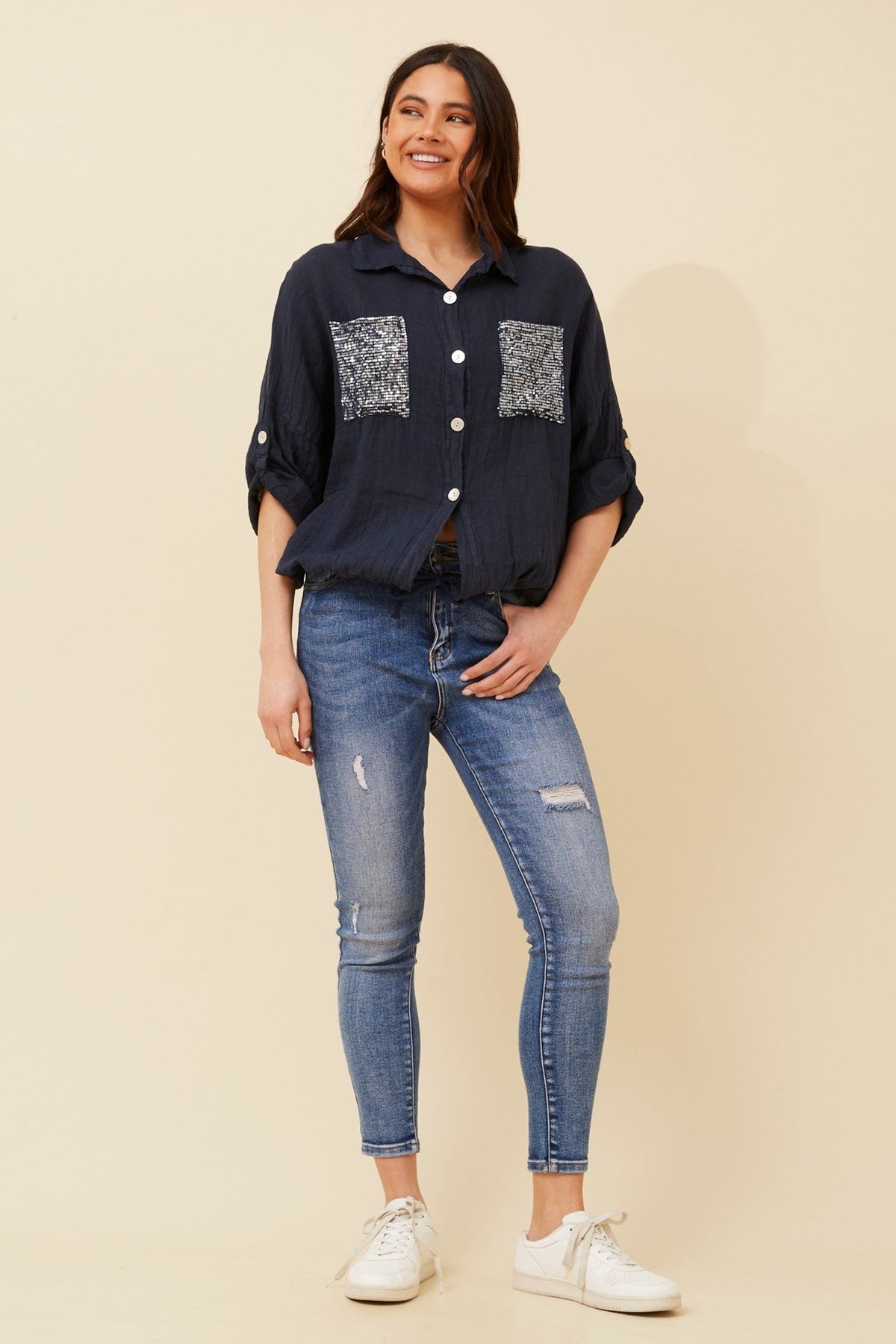 NOLENE SEQUIN LINEN SHIRT (White)