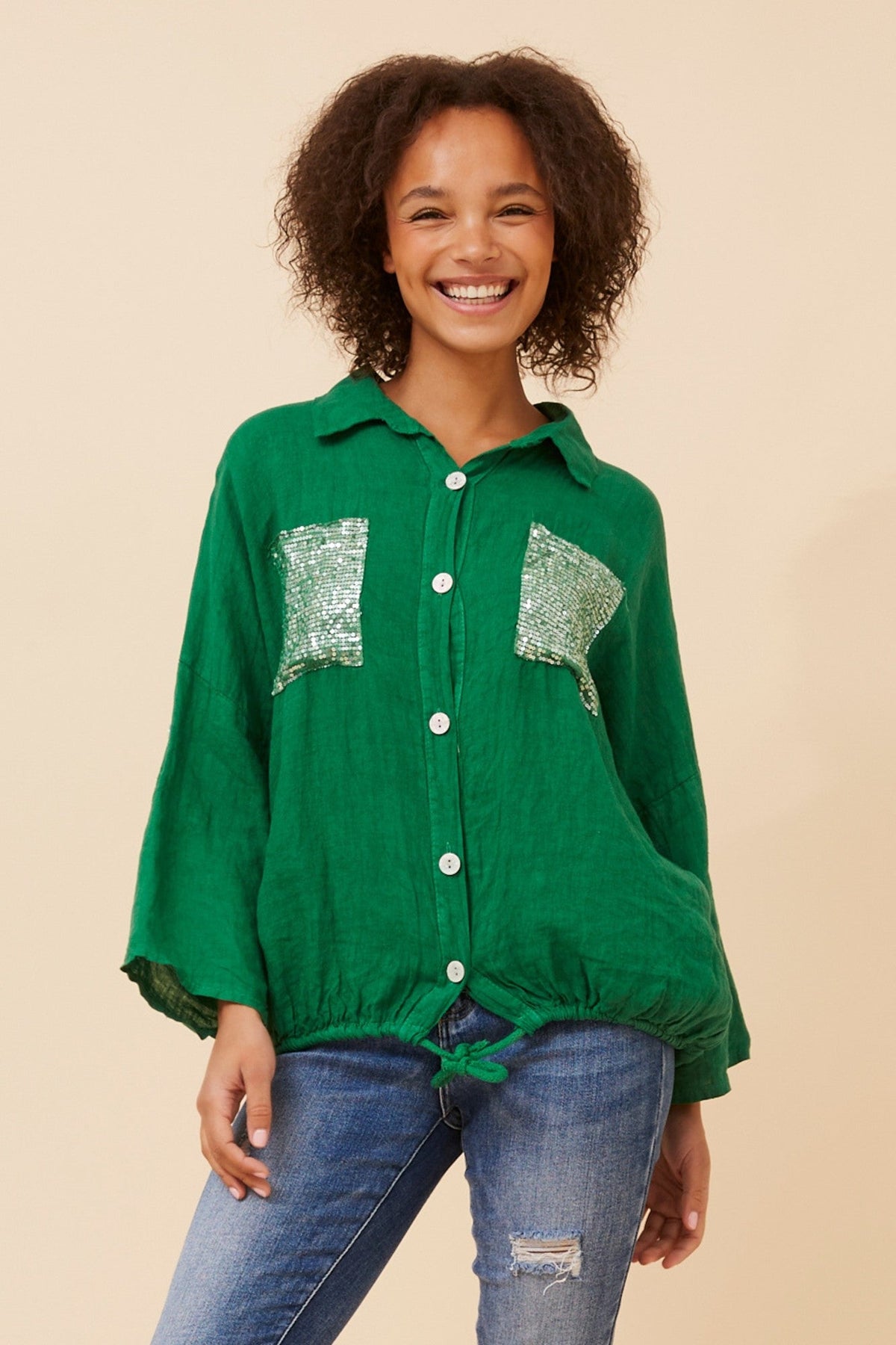 Image of Shirts. Product name - NOLENE SEQUIN LINEN SHIRT in Jade colour by brand - BOTTEGA MODA