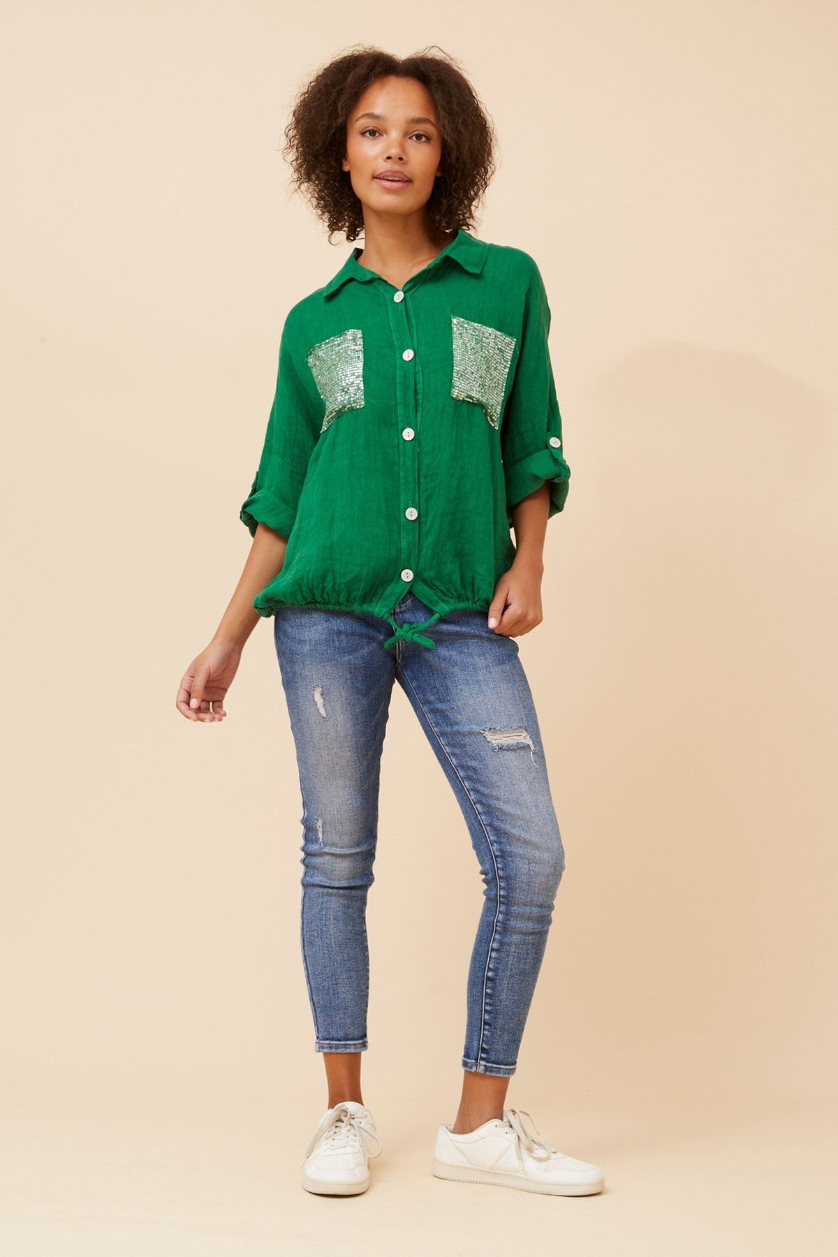 BOTTEGA MODA NOLENE SEQUIN LINEN SHIRT (Jade)