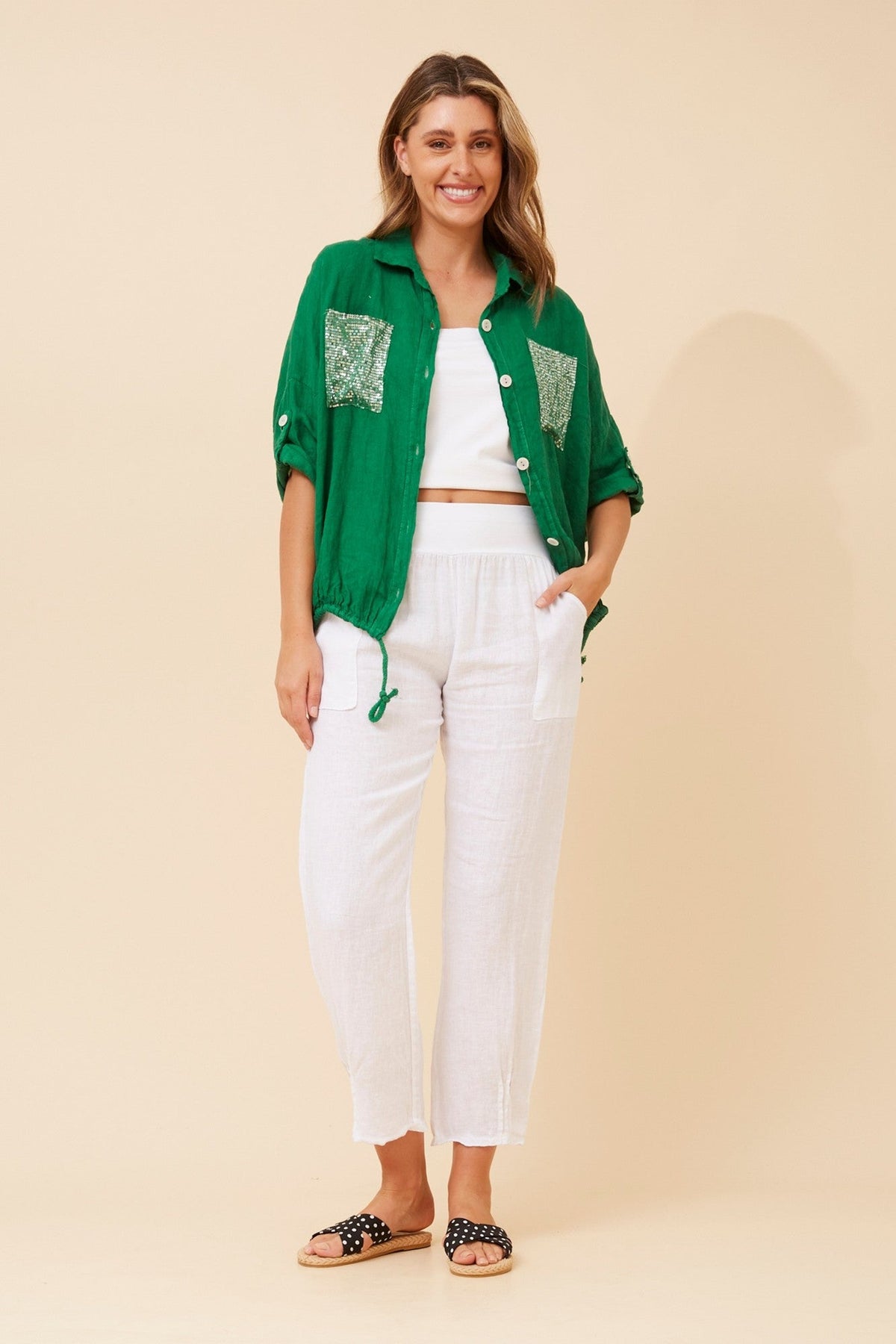 BOTTEGA MODA NOLENE SEQUIN LINEN SHIRT (Jade)