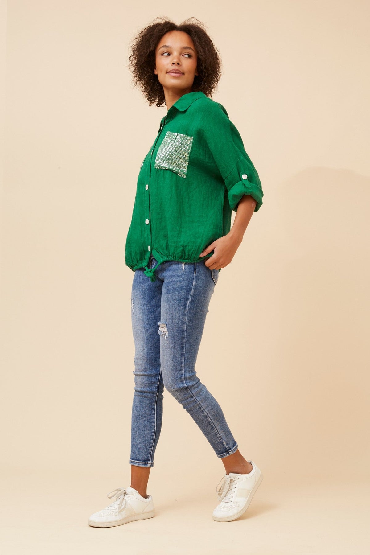 BOTTEGA MODA NOLENE SEQUIN LINEN SHIRT (Jade)