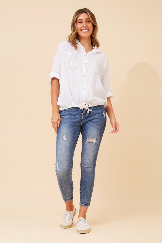 BOTTEGA MODA NOLENE SEQUIN LINEN SHIRT (White)