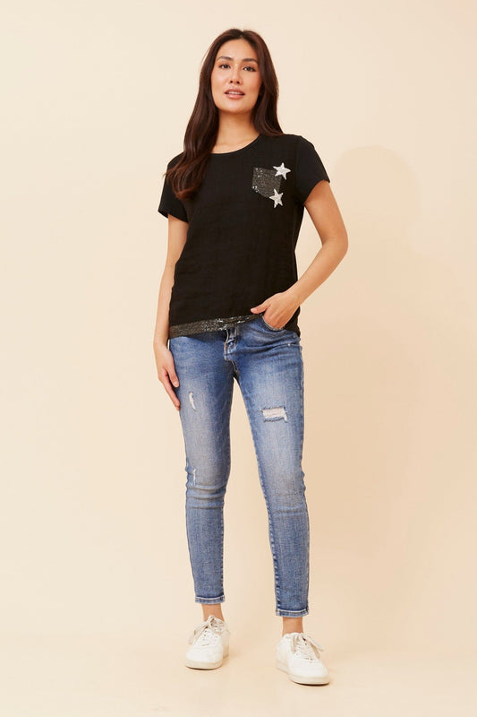 AMARI SEQUIN DETAIL LINEN TOP (Beige)