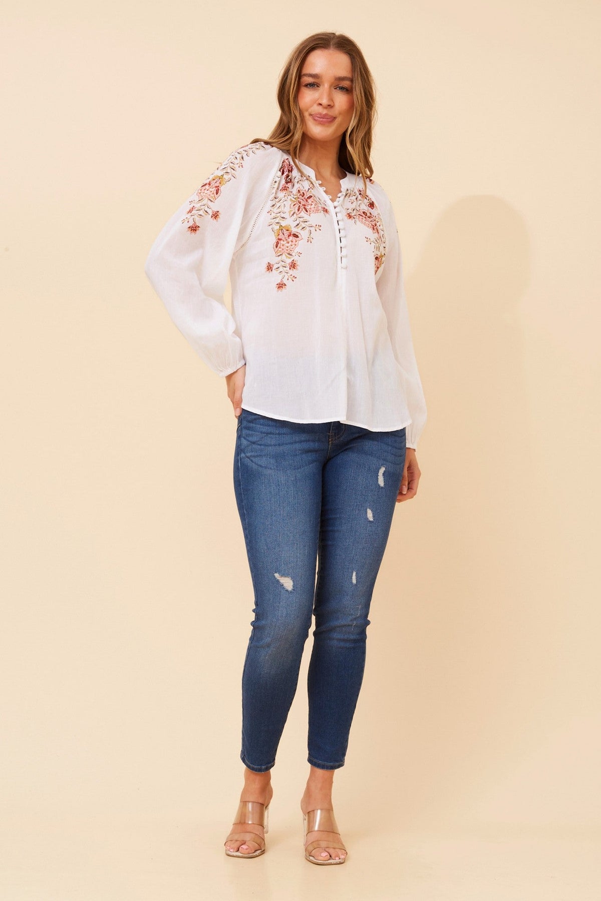 Image of Blouses. Product name - ARGIA FLORAL BLOUSE in White colour by brand - MYSTIC MONSOON