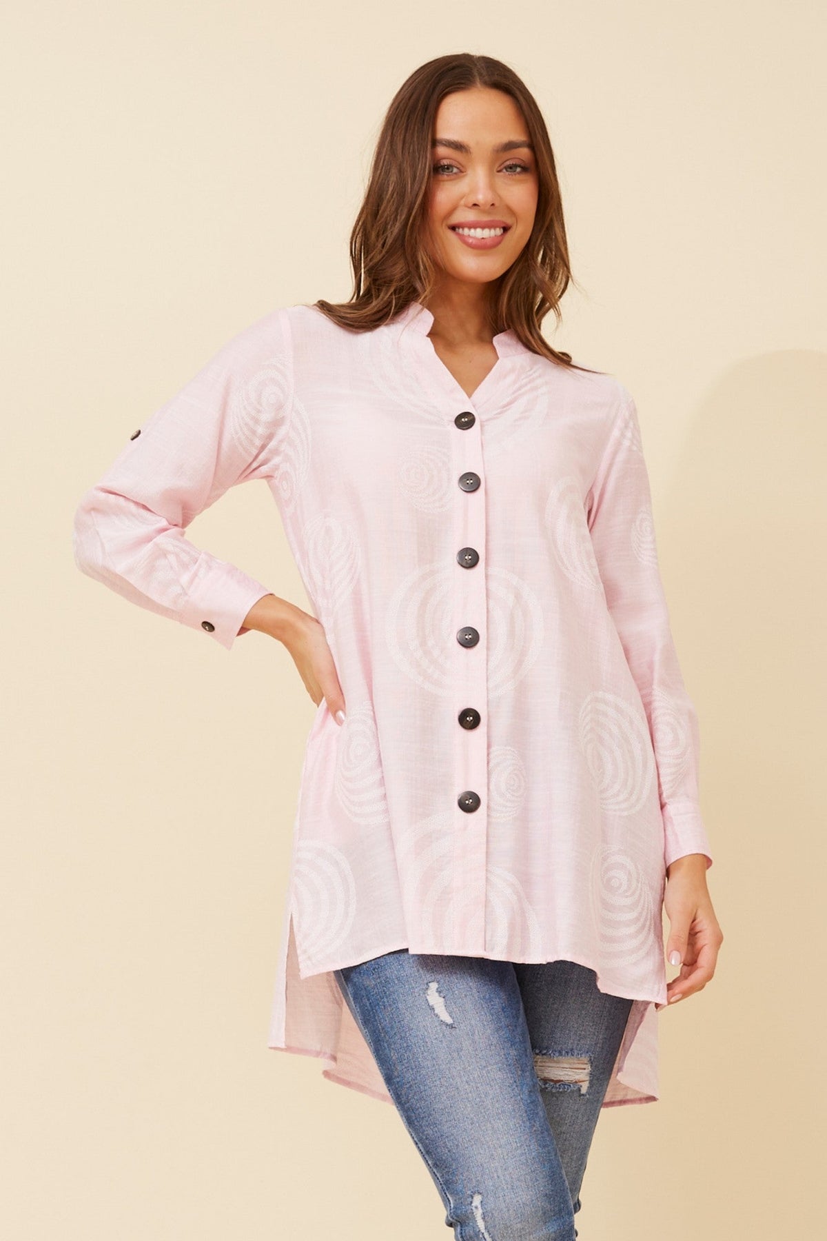 Image of Shirts. Product name - PATIA ABSTRACT PRINT SHIRT in Pale Pink colour by brand - Caroline Morgan Australia