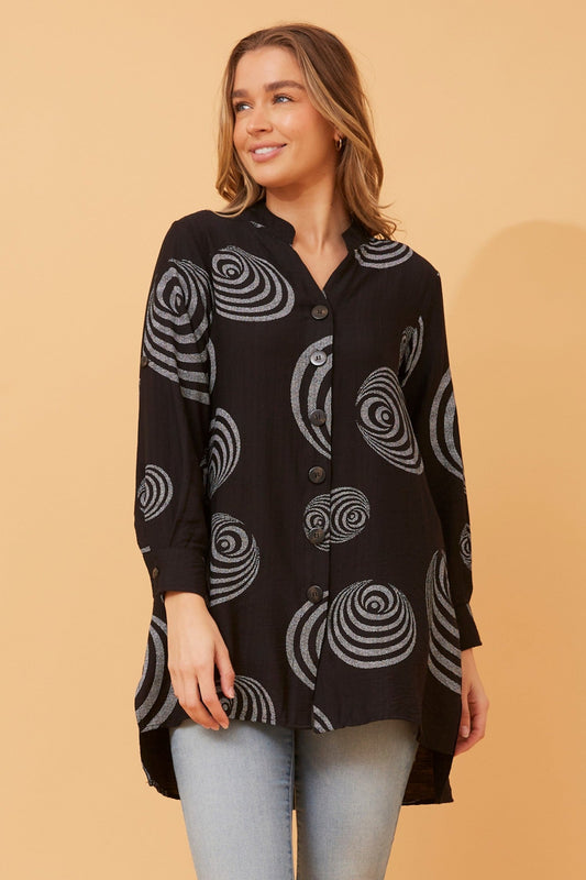 Image of Shirts. Product name - PATIA ABSTRACT PRINT SHIRT in Black colour by brand - Caroline Morgan Australia