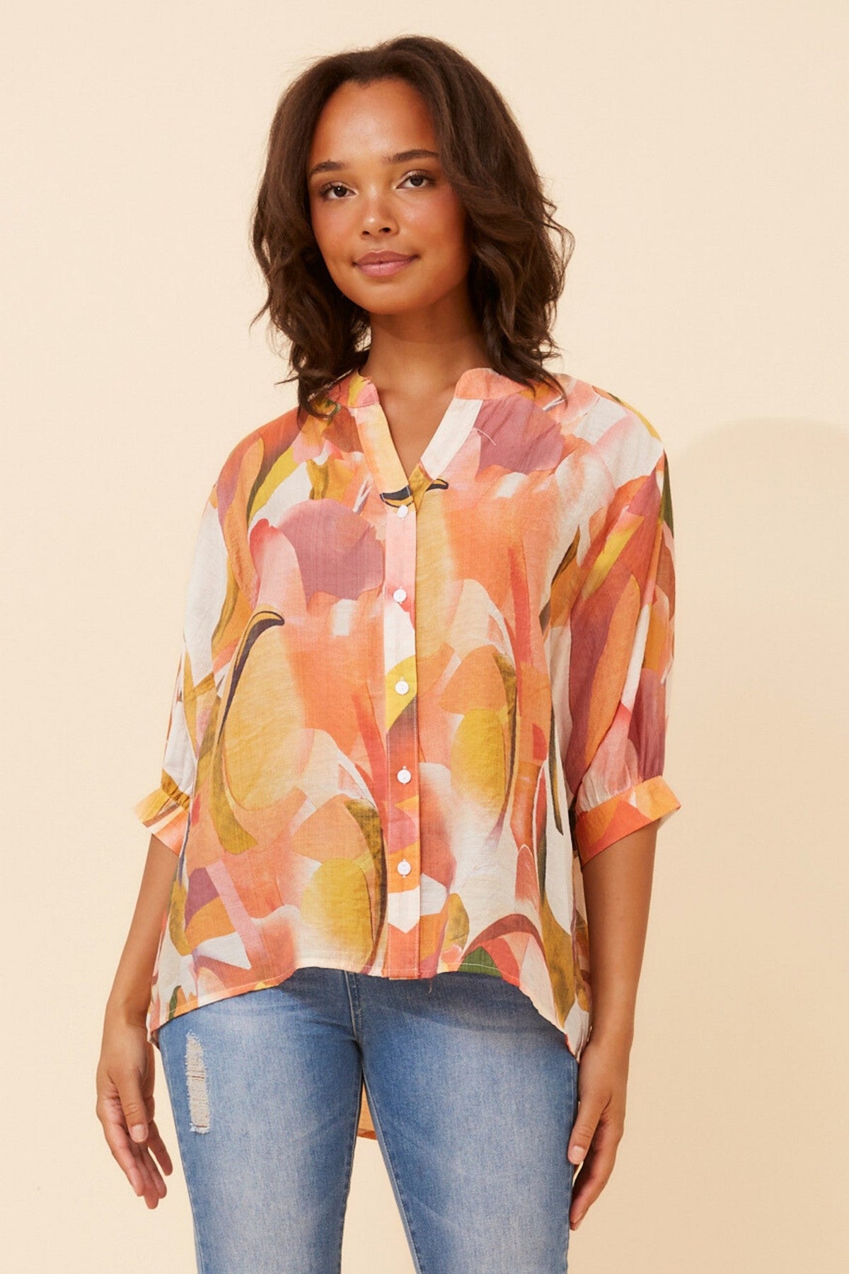 Image of Shirts. Product name - BELINA ABSTRACT PRINT SHIRT in Blue colour by brand - Caroline Morgan Australia