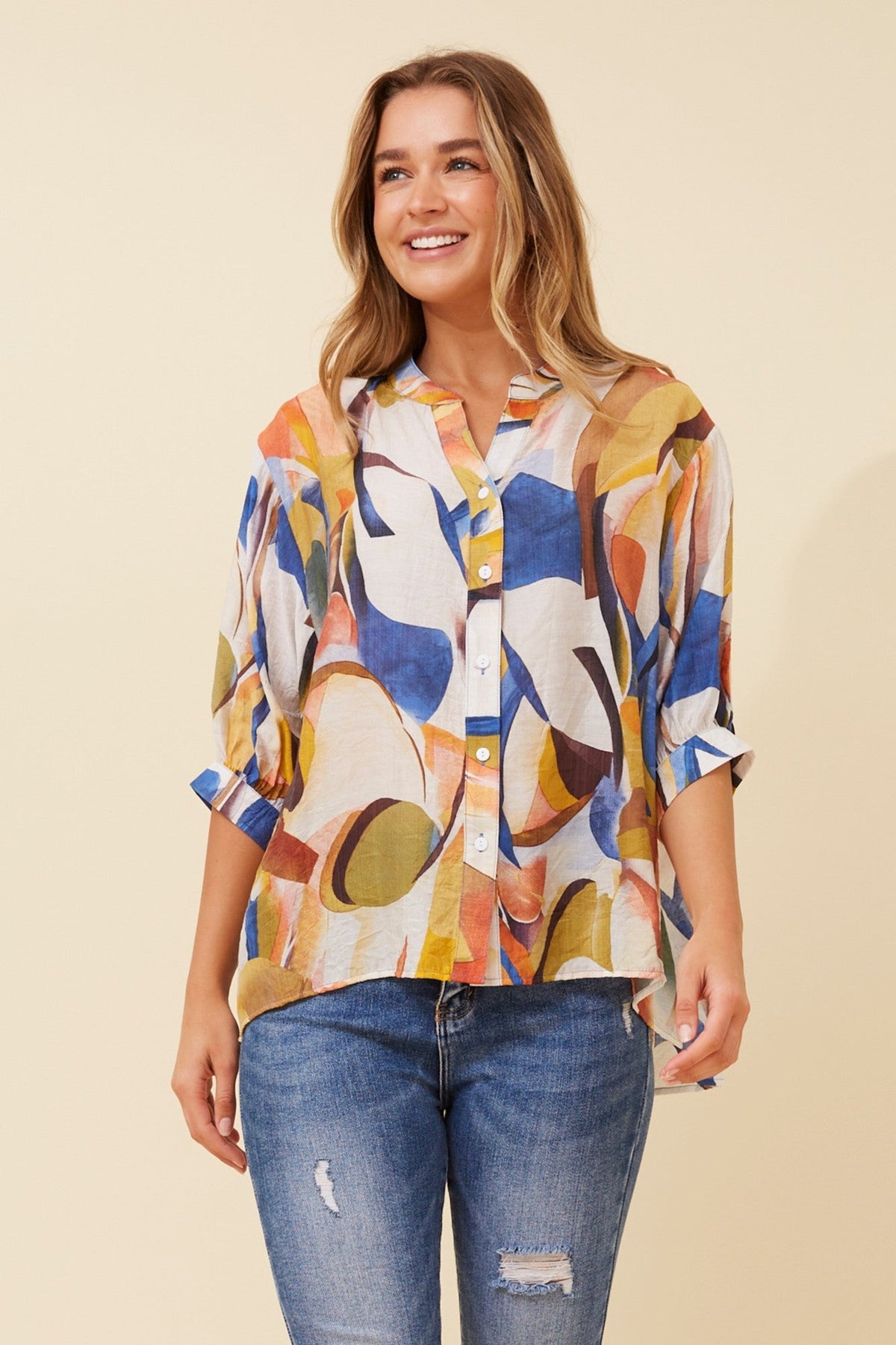 BELINA ABSTRACT PRINT SHIRT (Blue)