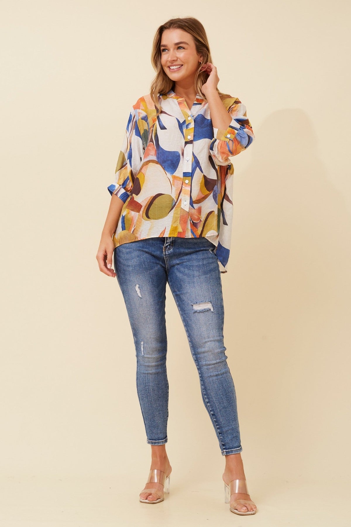 BELINA ABSTRACT PRINT SHIRT (Blue)