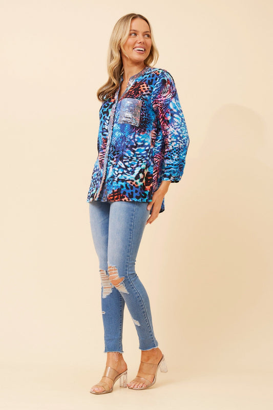 Image of Blouses. Product name - ROJIN ANIMAL PRINT BLOUSE in Multi Blue colour by brand - Caroline Morgan Australia