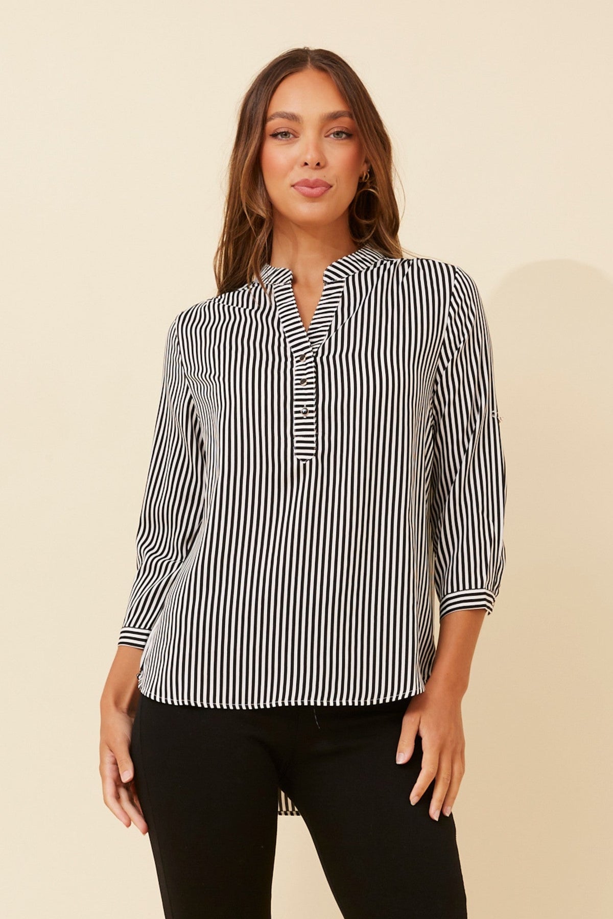 Image of Blouses. Product name - ROMINA STRIPE PRINT BLOUSE in White And Black colour by brand - Caroline Morgan Australia