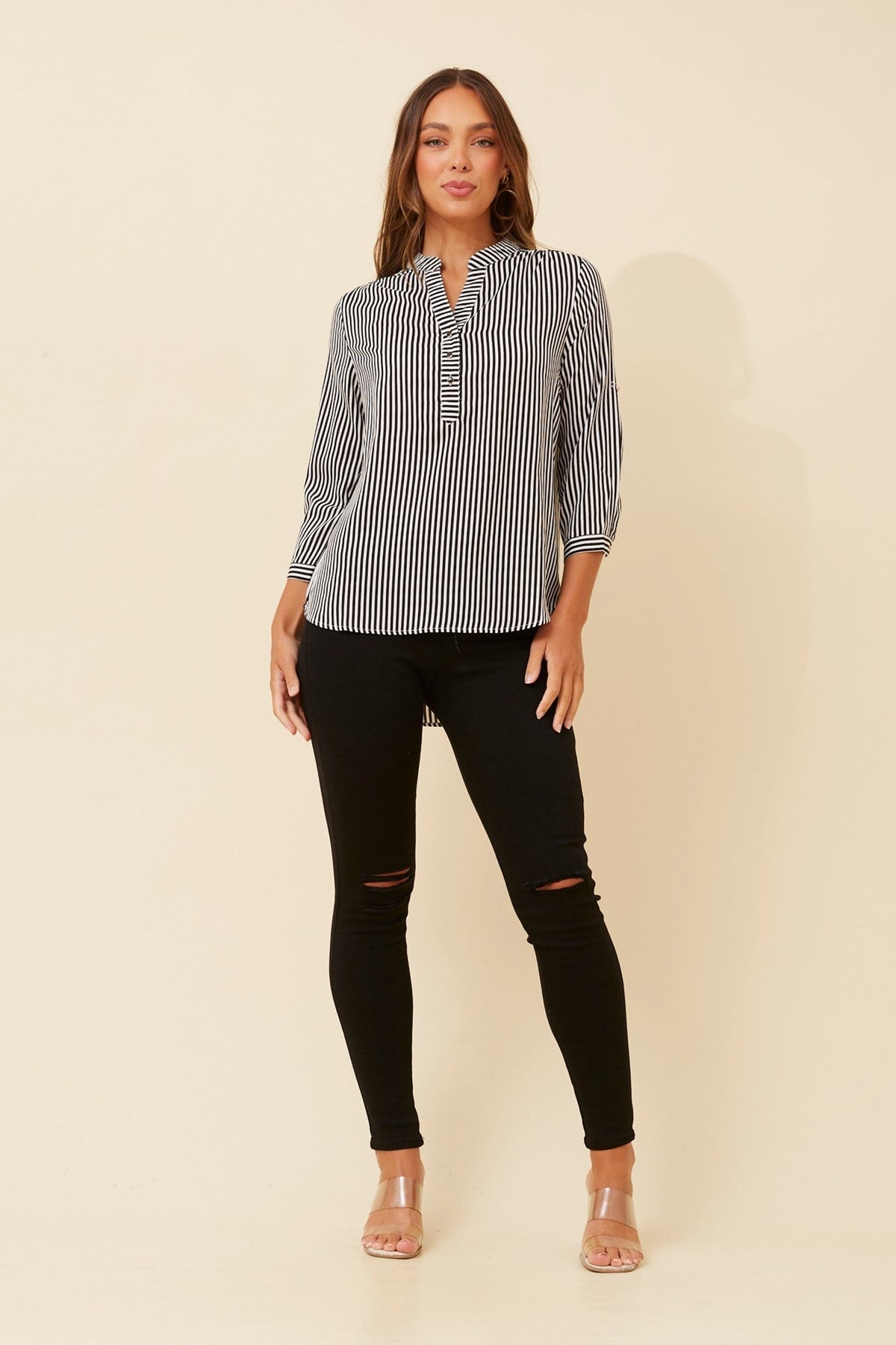 Caroline Morgan Australia ROMINA STRIPE PRINT BLOUSE (White And Black)