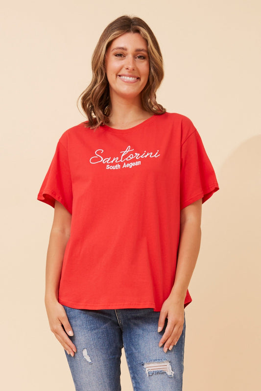 Image of T-Shirts. Product name - BINDI EMBROIDERED T-SHIRT in Red colour by brand - Caroline Morgan Australia