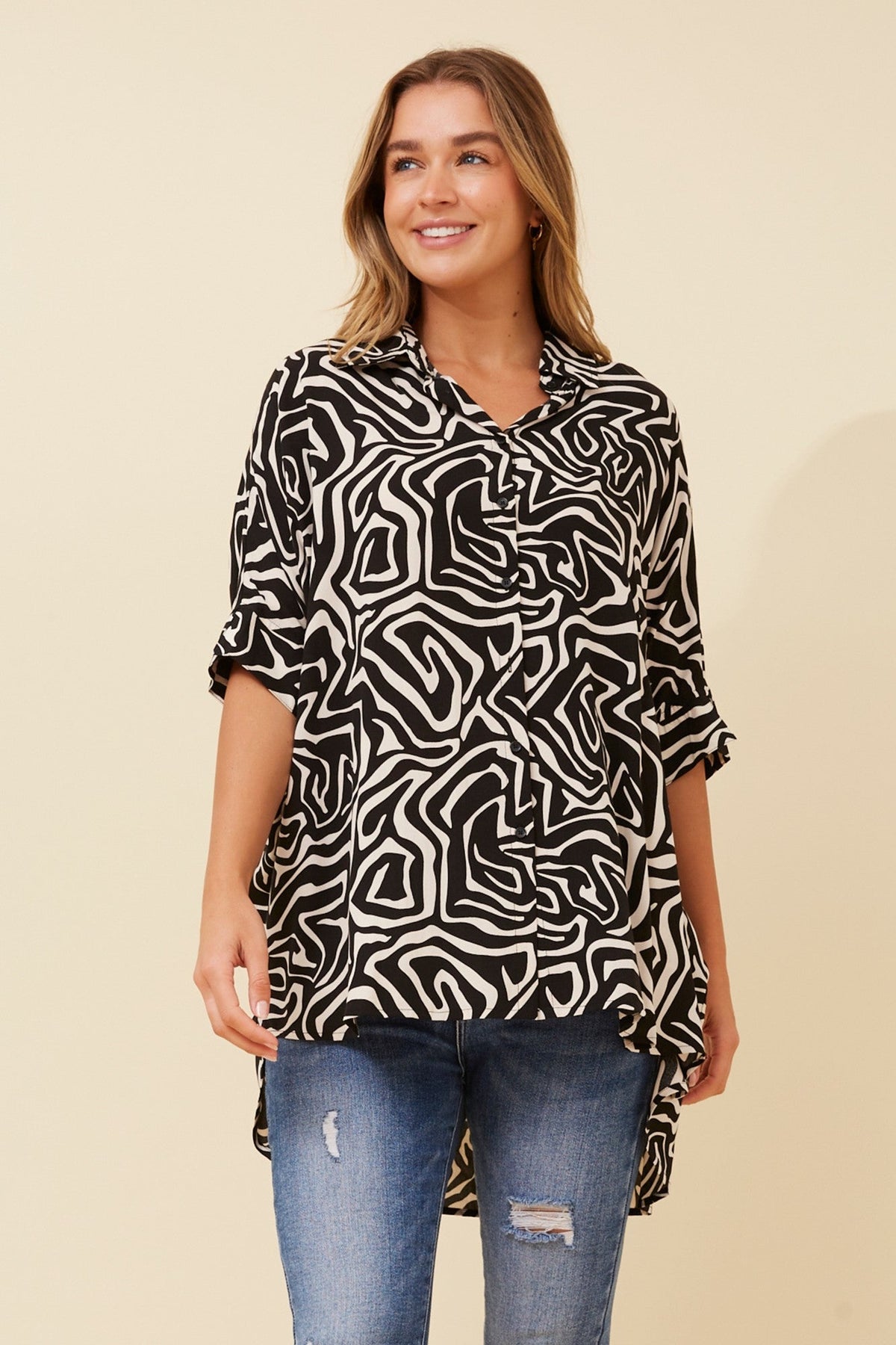 Image of Shirts. Product name - SAMIRA ABSTRACT PRINT SHIRT in Nougat colour by brand - Caroline Morgan Australia