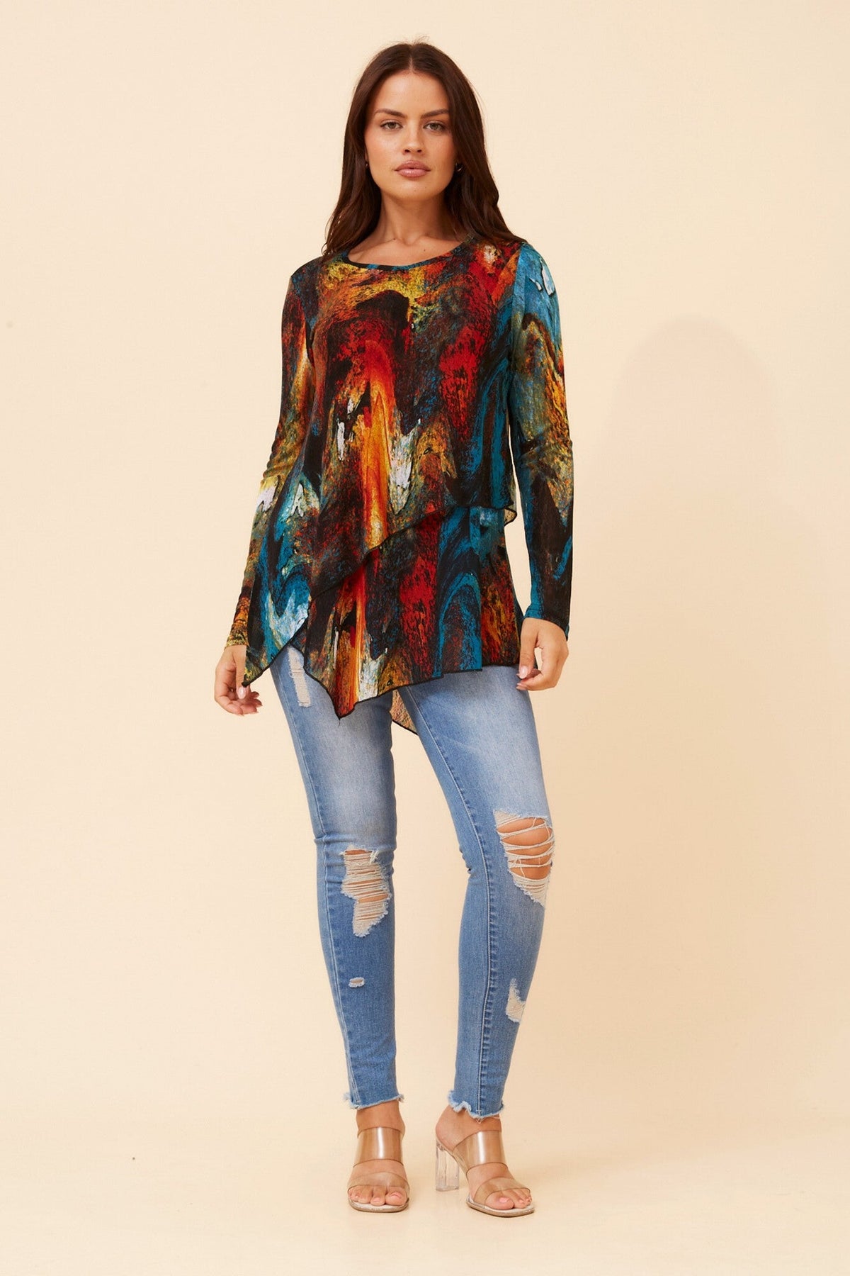 Image of a model wearing Tops. Product name - BOBBI DOUBLE LAYER TOP in Multi Red colour by brand - Caroline Morgan Australia
