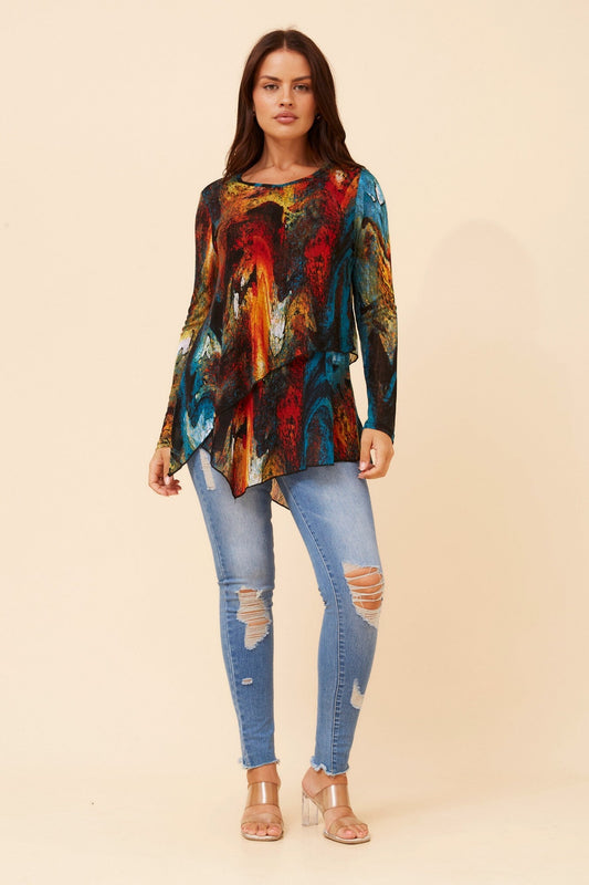 Image of a model wearing Tops. Product name - BOBBI DOUBLE LAYER TOP in Multi Red colour by brand - Caroline Morgan Australia