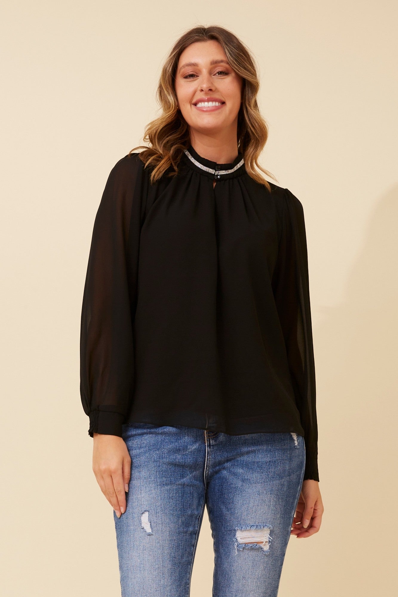 REYA DIAMANTE TRIM BLOUSE (Black)