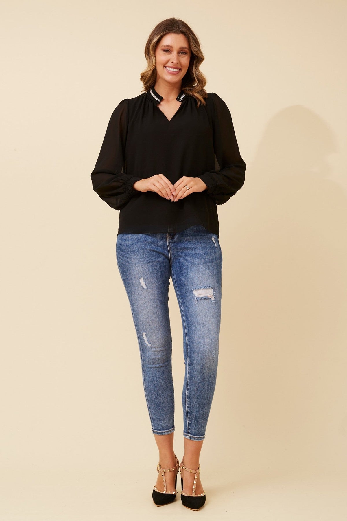 REYA DIAMANTE TRIM BLOUSE (Black)