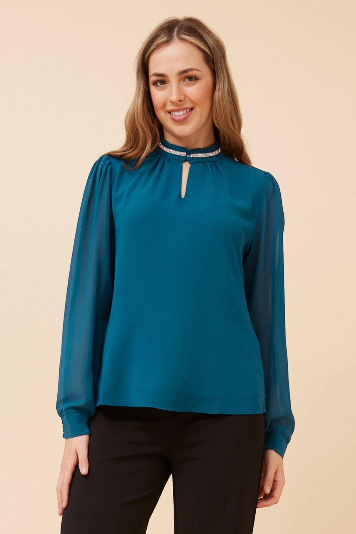 Image of Blouses. Product name - REYA DIAMANTE TRIM BLOUSE in Teal colour by brand - Caroline Morgan Australia