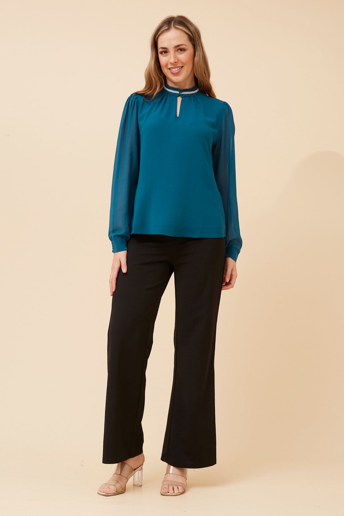 Caroline Morgan Australia REYA DIAMANTE TRIM BLOUSE (Teal)