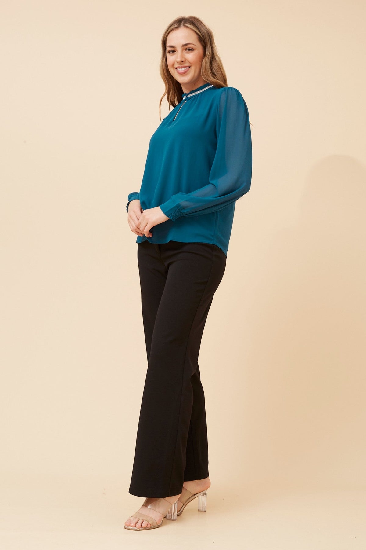 Caroline Morgan Australia REYA DIAMANTE TRIM BLOUSE (Teal)