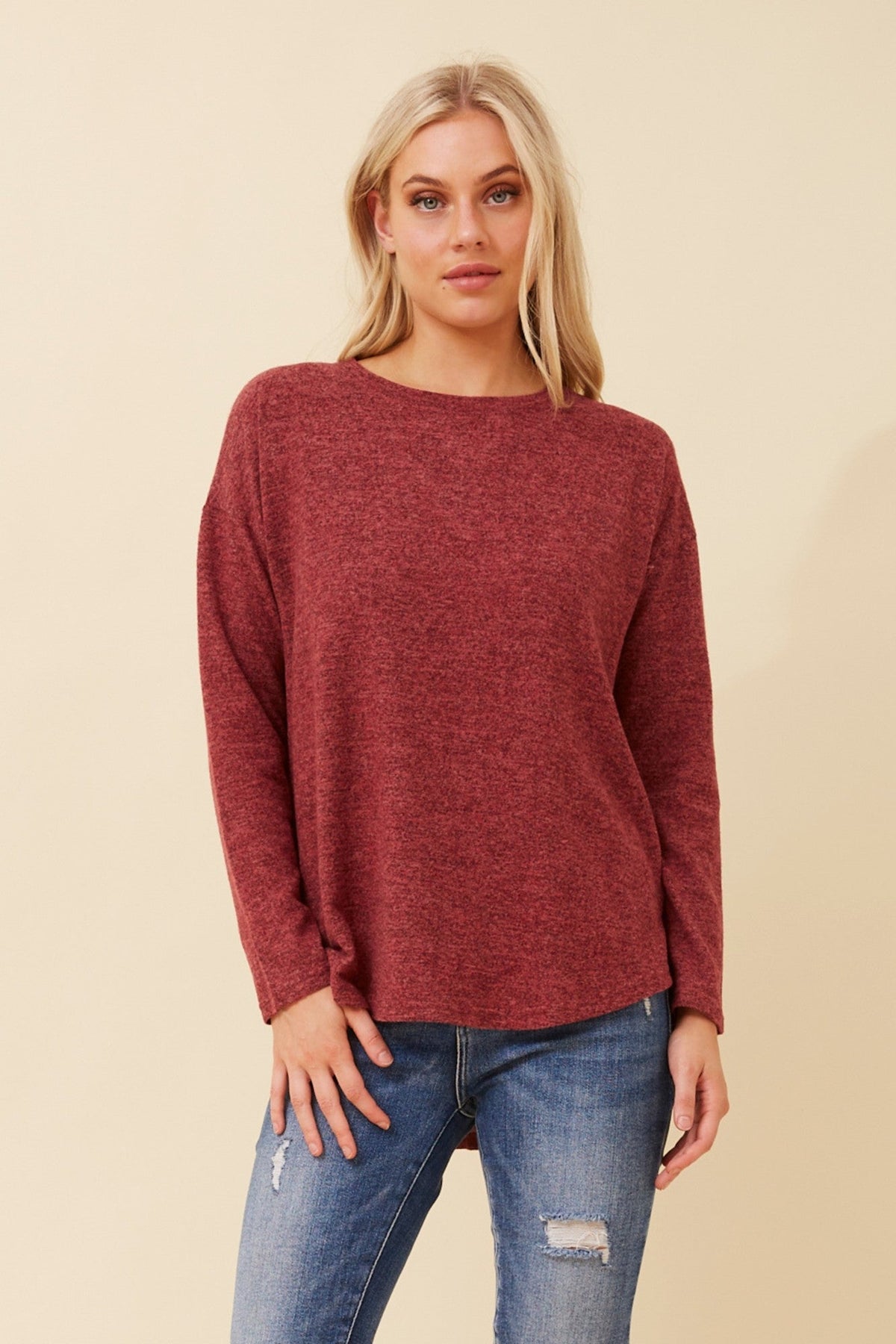 Image of a model wearing Tops. Product name - EVA SOLID TOP in Red colour by brand - Caroline Morgan Australia