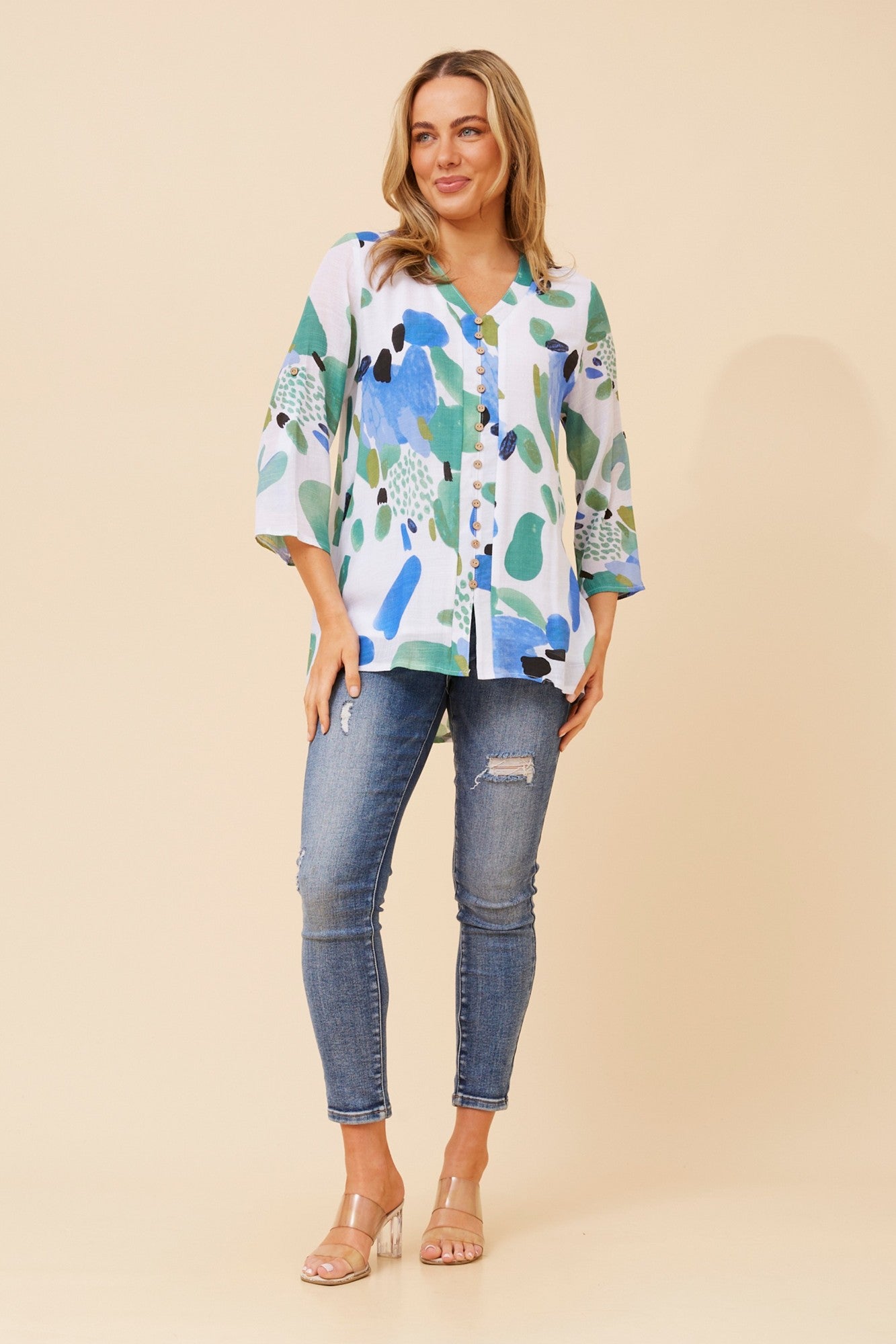 RUBY ABSTRACT PRINT TOP (Multi Blue)