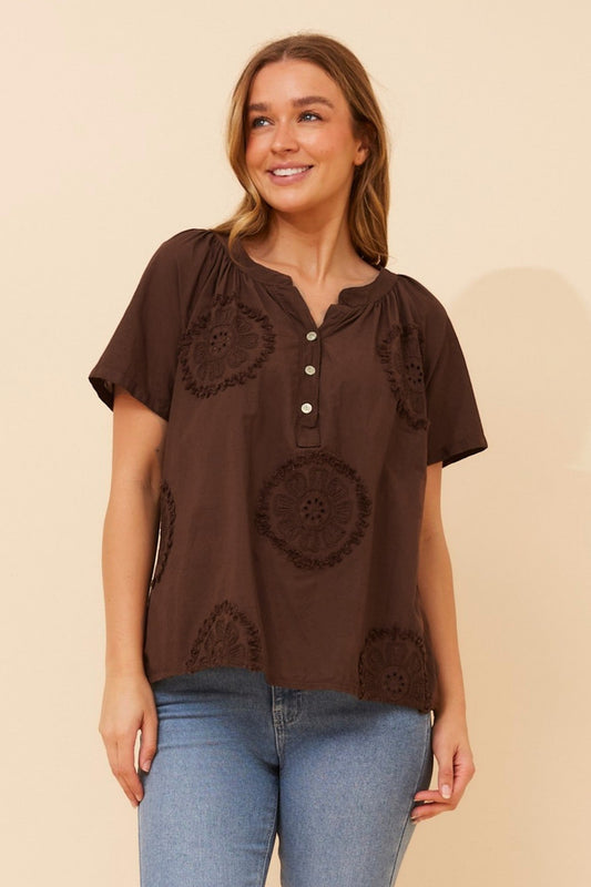 Image of a model wearing Tops. Product name - BIDDY EMBROIDERED TOP in Navy colour by brand - BOTTEGA MODA