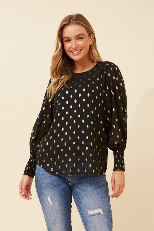 Image of Blouses. Product name - CLASSIC FOIL PRINT BLOUSE in Black colour by brand - CKM
