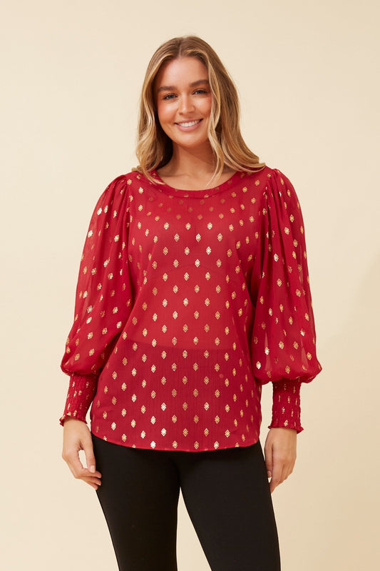 Image of Blouses. Product name - CLASSIC FOIL PRINT BLOUSE in Rich Red colour by brand - CKM
