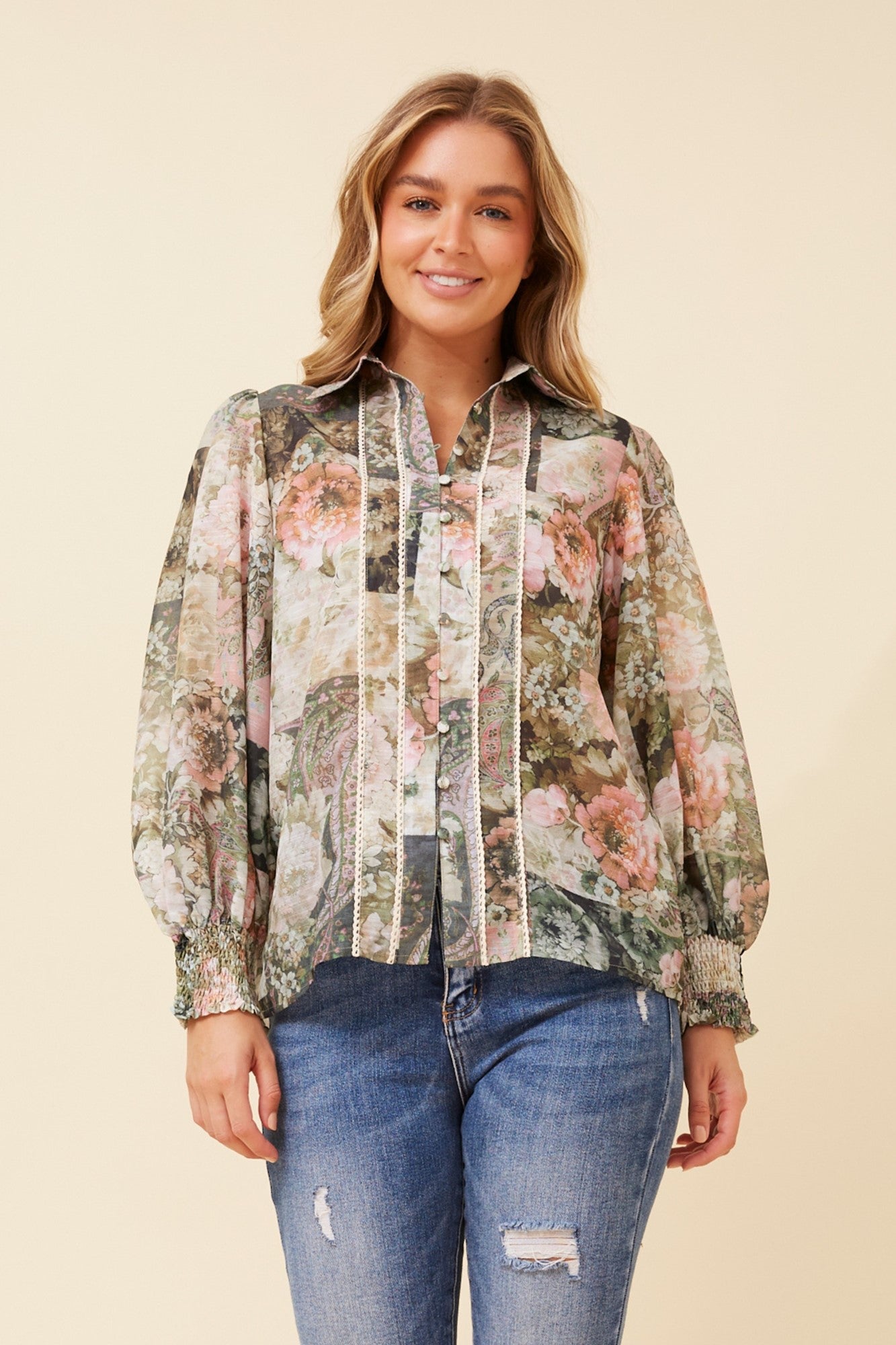 Image of Shirts. Product name - ELKE FLORAL SHIRT in Olive colour by brand - Caroline Morgan Australia