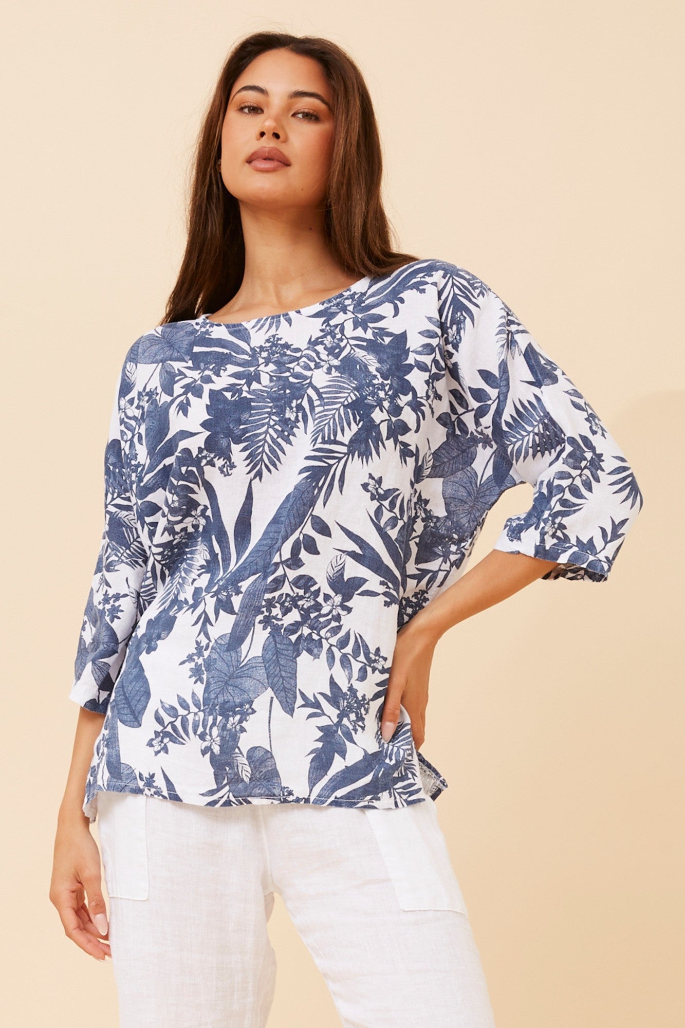 GIRALDA LEAF PRINT LINEN TOP (Multi White)