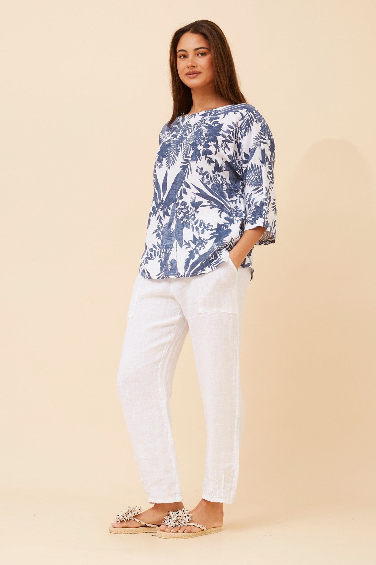 GIRALDA LEAF PRINT LINEN TOP (Multi White)