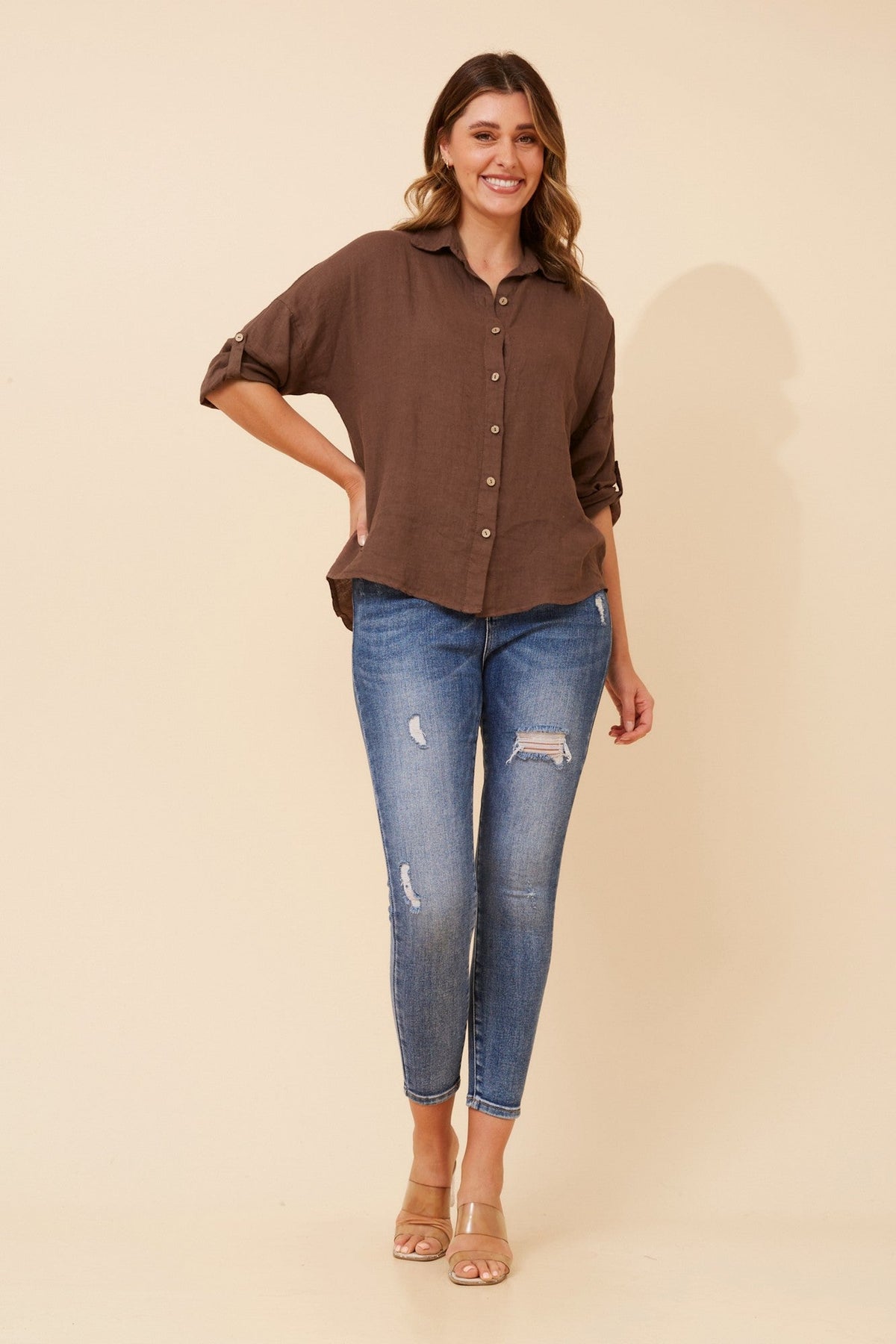 Image of Shirts. Product name - ALMADA LINEN SHIRT in Chocolate colour by brand - BOTTEGA MODA
