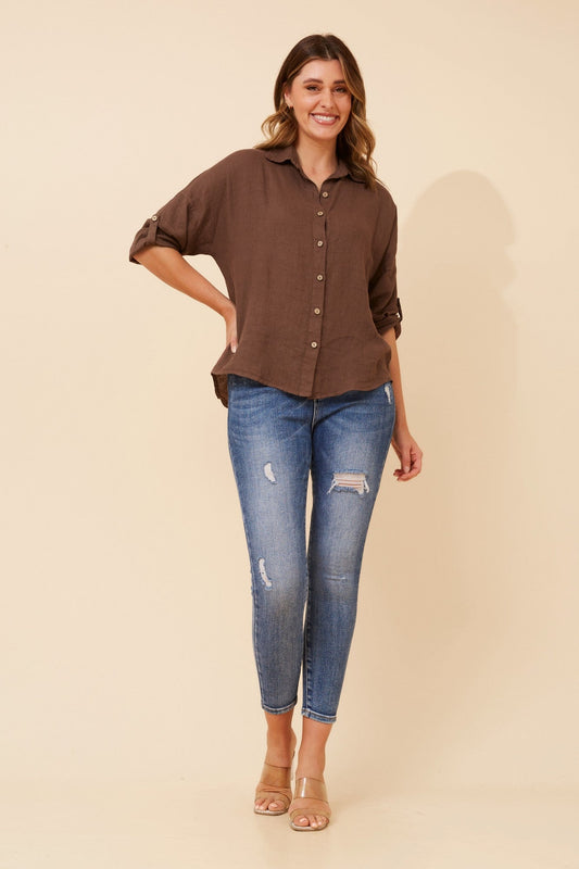 Image of Shirts. Product name - ALMADA LINEN SHIRT in Chocolate colour by brand - BOTTEGA MODA