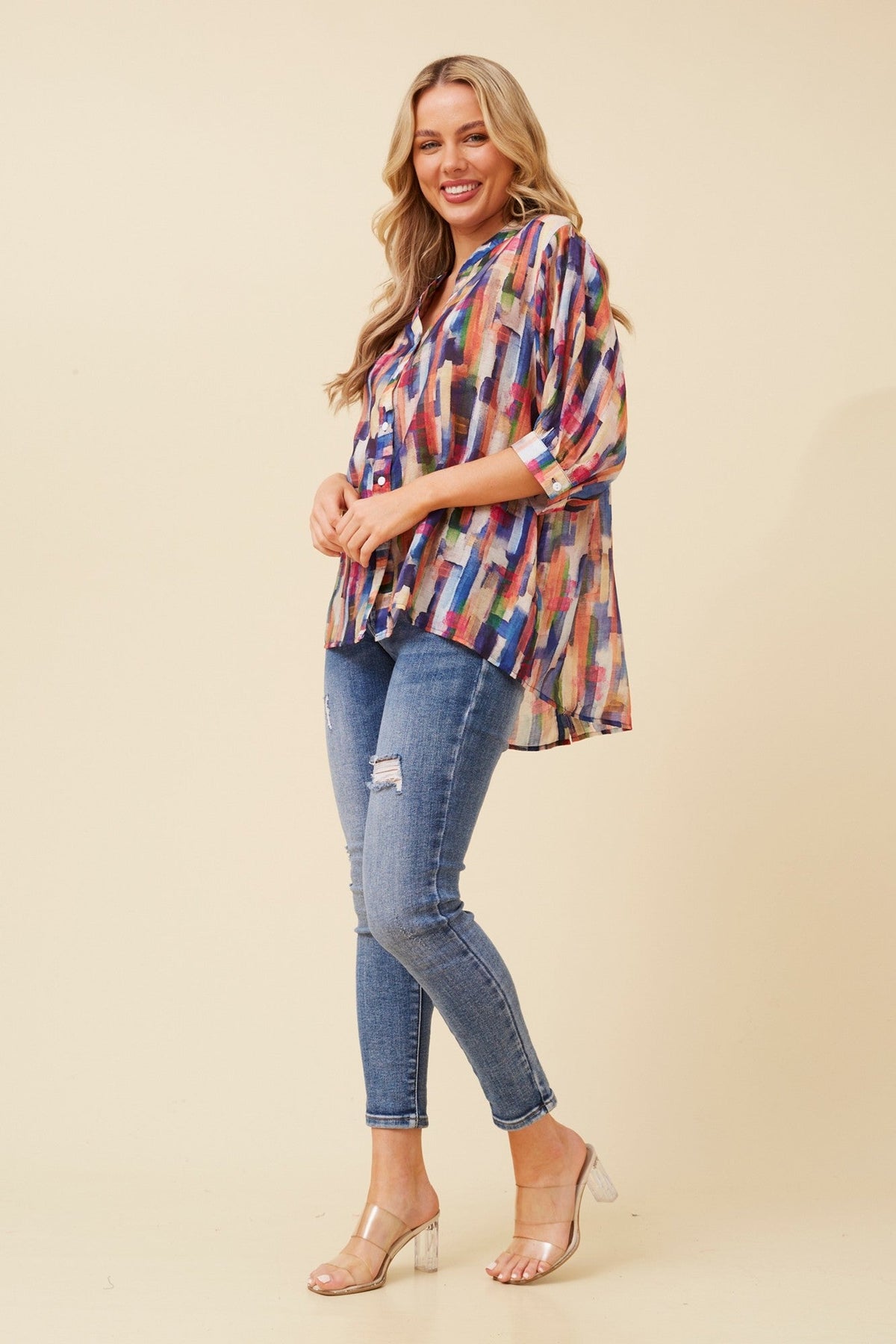 Image of Shirts. Product name - BELINA ABSTRACT PRINT SHIRT in Multi Blue colour by brand - Caroline Morgan Australia