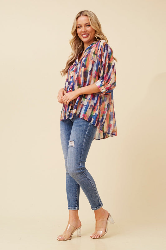Image of Shirts. Product name - BELINA ABSTRACT PRINT SHIRT in Multi Blue colour by brand - Caroline Morgan Australia