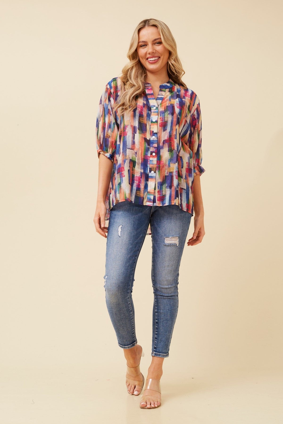 BELINA ABSTRACT PRINT SHIRT (Multi Blue)