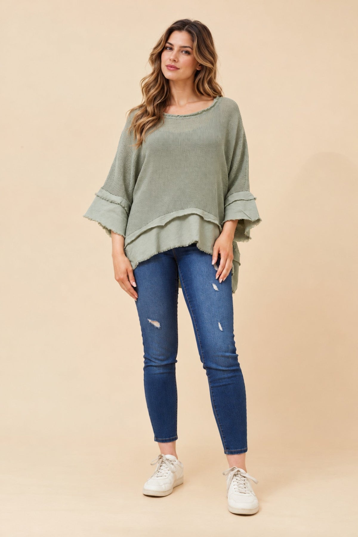 BOTTEGA MODA ROSAMUND RAW EDGE TOP (Sage)